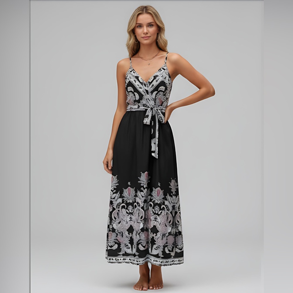 Black/White Paisley Print Belted Cami Dress - Picture 3 of 6